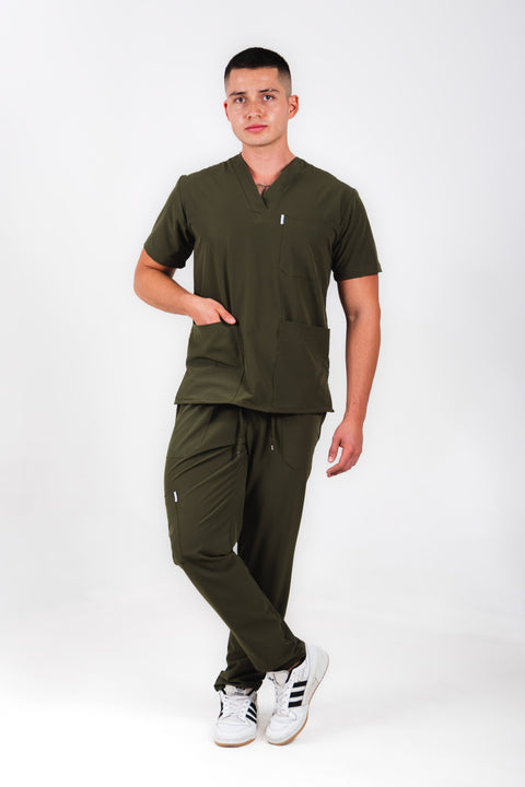 Uniforme quirúrgico para caballero color verde olivo corte recto. modelo summer marca addisonscrubs.